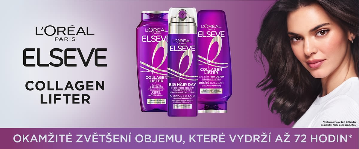 Tři fialové balíčky vlasové kosmetiky L'Oréal Elseve Collagen Lifter na růžovofialovém pozadí