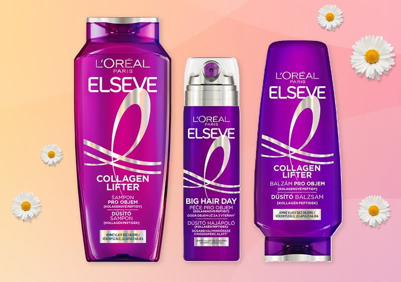 Tři fialové láhve vlasové kosmetiky L'Oréal Elseve Collagen Lifter na růžovo-oranžovém pozadí s bílými květy