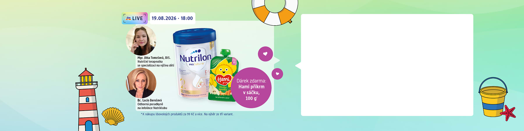 Plakát s balením dětské výživy Nutrilon a kapsičkou Hami, fotky dvou poradkyň, informace o živém vysílání 19.08.2026 18:00