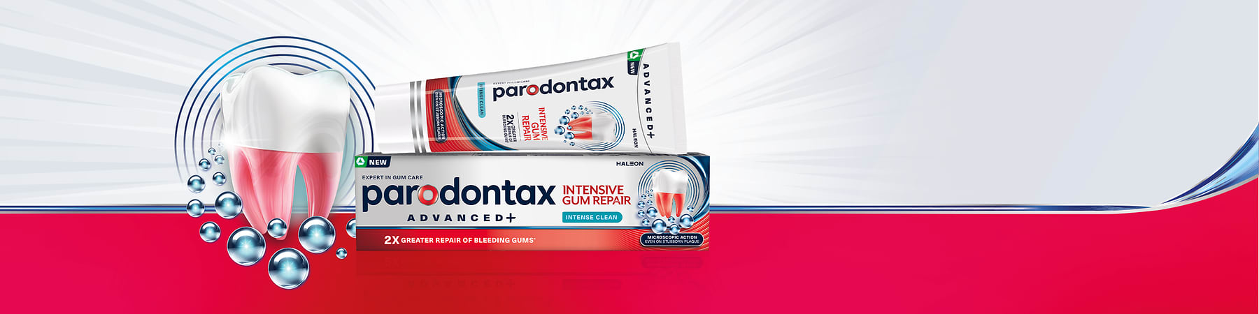 Obrázek: Krabička a tubka zubní pasty Parodontax Advanced+ Intensive Gum Repair na červeném podkladu