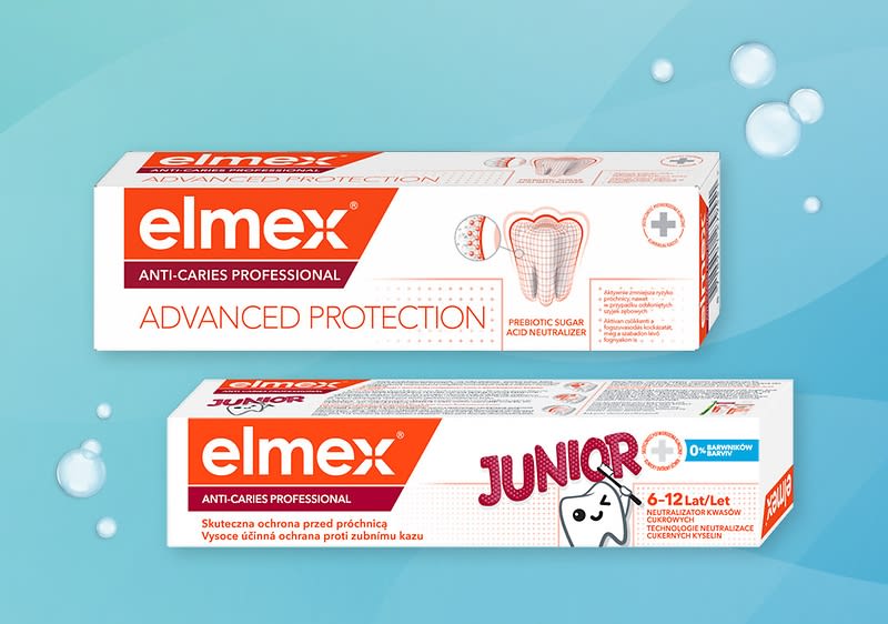 Krémová tubka zubní pasty Elmex Repair & Prevent na barevném pozadí