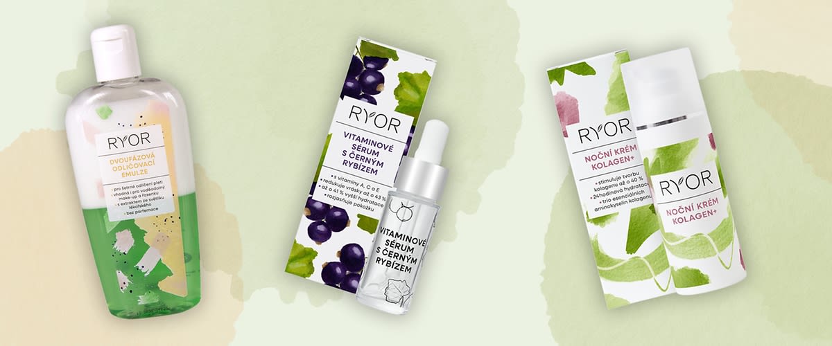 Čtyři produkty značky RYOR na světlém pozadí: vlevo průhledné láhvička s zeleno-růžovým štítkem s nápisem „Dvoufázová odličovací emulze“, uprostřed pleťové sérum s kapátkem a krabička s nápisem „Vitamínové sérum s černým rybízem“, vpravo bílý pumpovací obal a krabička s nápisem „Noční krém kolagen“