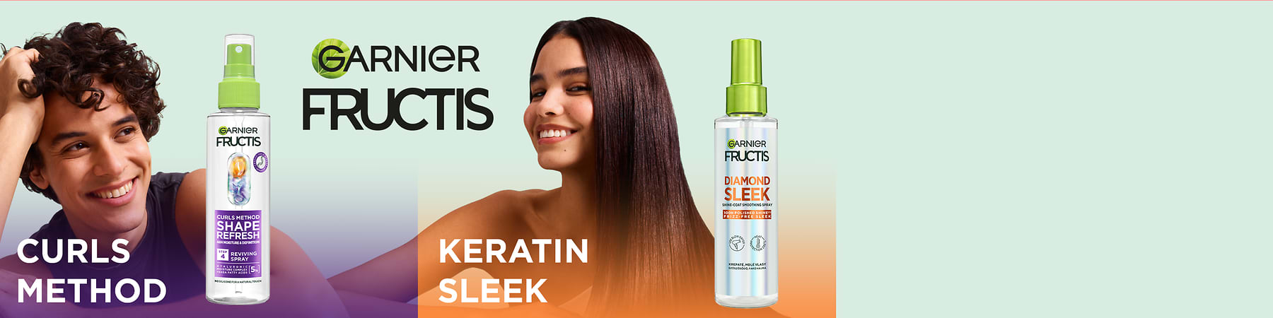 Dvě průhledné sprejové lahvičky Garnier Fructis na světle zeleném pozadí; vlevo lahvička s fialovým štítkem „CURLS METHOD SHAPE REFRESH“ nad nápisem CURLS METHOD, vpravo lahvička s oranžovo-modrým štítkem „DIAMOND SLEEK“ nad nápisem KERATIN SLEEK, uprostřed logo Garnier Fructis