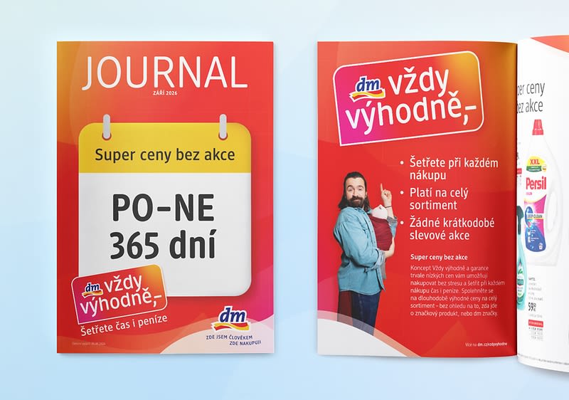Obálka časopisu a otevřená stránka s reklamou na drogerii dm