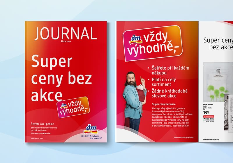 Obálka časopisu a otevřená stránka s reklamou na drogerii dm