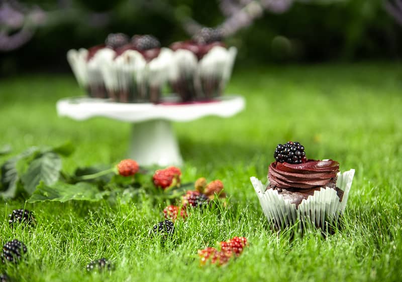 Čokoládové muffiny s ostružinami na trávě, v pozadí stojan s dalšími muffiny.