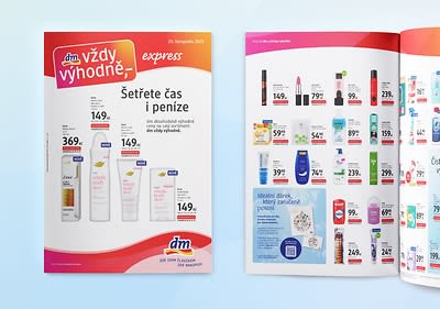 Leták DM drogerie s nabídkou kosmetických produktů a cenami.