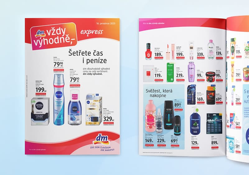 Leták DM drogerie s nabídkou kosmetických produktů a cenami.