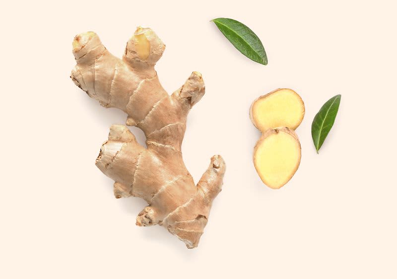 Kořen zázvoru s plátky a zelenými lístky na světlém pozadí