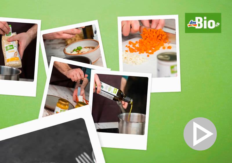 Koláž vaření: sypání ovesných vloček, servírování polévky, krájení mrkve, nalévání oleje, konzervy, logo dmBio