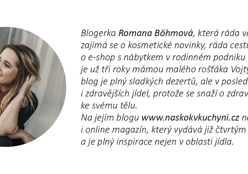 Blogerka Romana Böhmová, text o jejím blogu zaměřeném na sladké dezerty a zdravé recepty, rozmazaná tvář ženy