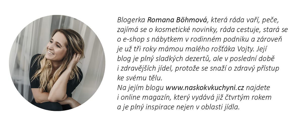 Blogerka Romana Böhmová, text o jejím blogu zaměřeném na sladké dezerty a zdravé recepty, rozmazaná tvář ženy