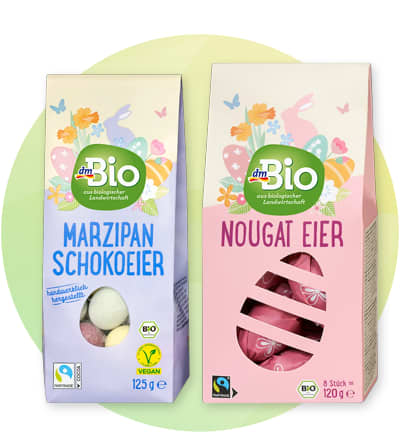 Ostereier-Verpackungen von dmBio mit Marzipan-Schokoeier und Nougat-Eier
