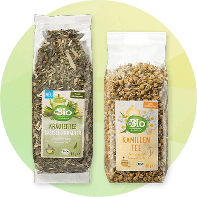Bio Kräutertee und Kamillentee in Verpackungen