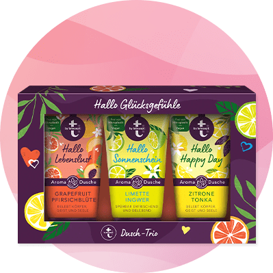 Eine Verpackung mit drei Aroma-Duschen: Grapefruit Pfirsichblüte, Limette Ingwer, Zitrone Tonka. Oben steht Hallo Glücksgefühle.