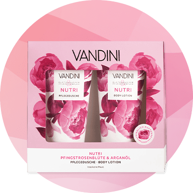 Eine Produktverpackung mit zwei VANDINI Pflegeprodukten, Pfingstrosenblüte & Arganöl, bestehend aus Pflegedusche und Body Lotion.