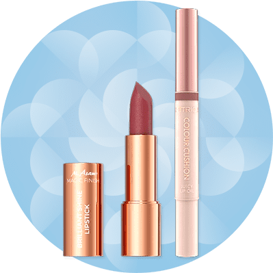 Ein Lippenstift in einem glänzenden roségoldenen Gehäuse mit der Aufschrift „Matt Shine Lipstick“ neben einem rosafarbenen Lipgloss-Stift mit der Aufschrift „Colour Cushion“