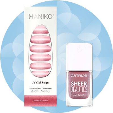 Eine Verpackung mit der Aufschrift „MANIKO UV Gel Strips“ neben einer Nagellackflasche „CATRICE SHEER BEAUTIES“