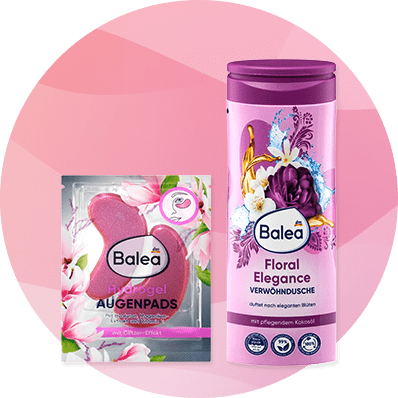 Eine Packung Balea Hydrogel Augenpads neben einer Balea Floral Elegance Verwöhndusche mit Blumenmotiv und lila Deckel