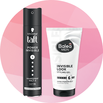 Eine schwarze Haarspray-Flasche von Taft mit der Aufschrift „Power Invisible“ und eine weiße Styling-Gel-Tube von Balea Men mit der Aufschrift „Invisible Look“