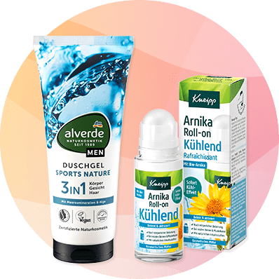 Drei Pflegeprodukte nebeneinander: links eine blaue alverde Men Duschgel-Tube mit Aufschrift „3in1 Duschgel Sports Nature“, in der Mitte ein weißer Roll-on-Flakon, rechts die grüne Verpackung „Kneipp Arnika Roll-on Kühlend“ mit gelber Arnika-Blüte auf der Vorderseite