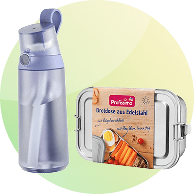 links eine hellviolette Einweg-Inhalationshilfe mit Verpackung der Marke „allup“, rechts eine rechteckige Edelstahl-Brotbox mit aufgeklebtem Etikett „Profissimo Brotdose aus Edelstahl“ und Bild von Sandwiches