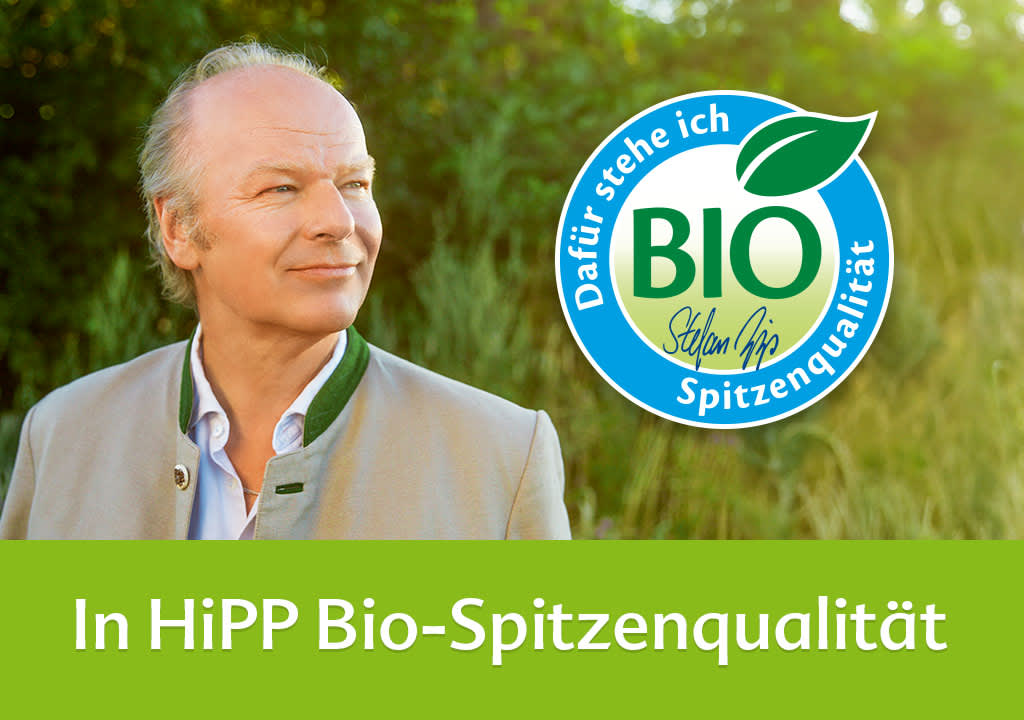 HiPP Bio-Spitzenqualität Logo mit Mann im Hintergrund