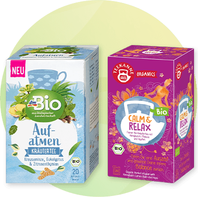 Bio Kräutertee Verpackungen von Aufatmen und Calm & Relax