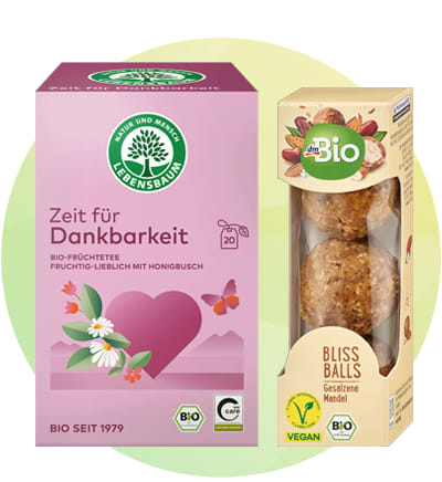 Bio-Tee und vegane Bliss Balls Verpackungen