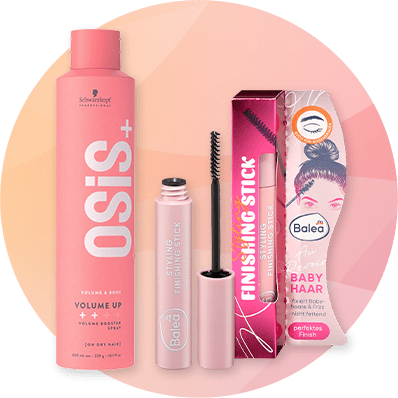 Drei rosa Stylingprodukte: große OSIS+ Volume Up Haarspraydose, Balèa Finishing Stick mit Bürstenapplikator und Verpackung für Baby Haar Finish