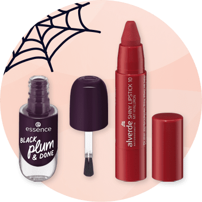 Nagellack und Lippenstift in dunklen Farbtönen mit Spinnennetz-Hintergrund für Halloween Make-up