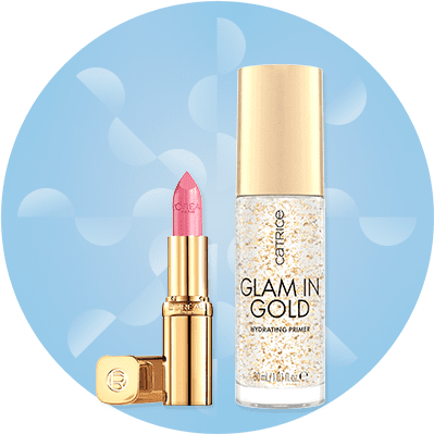 Ein goldener Lippenstift von L'Oréal neben einer Catrice Glam & Gold Hydrating Primer Flasche