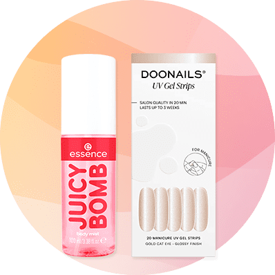 Eine weiße Flasche mit roter Aufschrift „Juicy Bomb“ neben einer Verpackung von „Doonails UV Gel Strips“ mit Abbildung der Nagelstreifen.