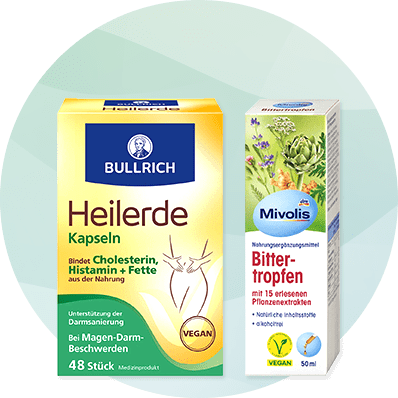 Zwei Produktverpackungen: links Bullrich Heilerde Kapseln, rechts Mivolis Bittertropfen mit Pflanzenextrakten