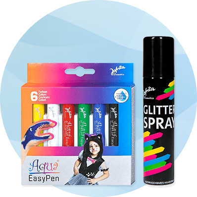 Eine Packung mit sechs Acrylfarben in verschiedenen Farben neben einer schwarzen Dose mit der Aufschrift „Glitter Spray“