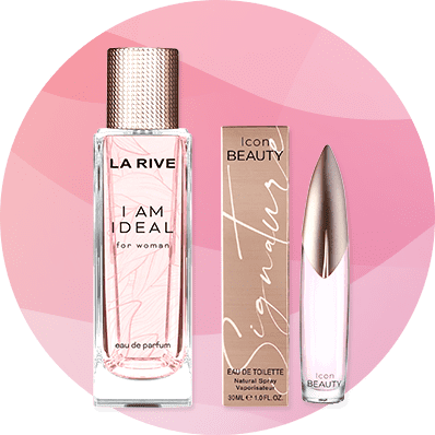 Eine rechteckige Parfümflasche mit der Aufschrift „LA RIVE I AM IDEAL for woman“ neben einer Verpackung mit „Icon Beauty Signature“ und einem rosafarbenen Lippenstift.