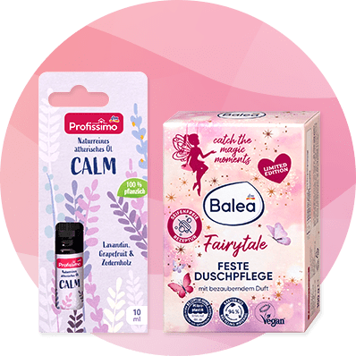 Links eine Verpackung mit einem kleinen Fläschchen Profissimo Naturreines Öl Calm, rechts Balea Fairytale Feste Duschpflege mit Schmetterlingen und Feenmotiv
