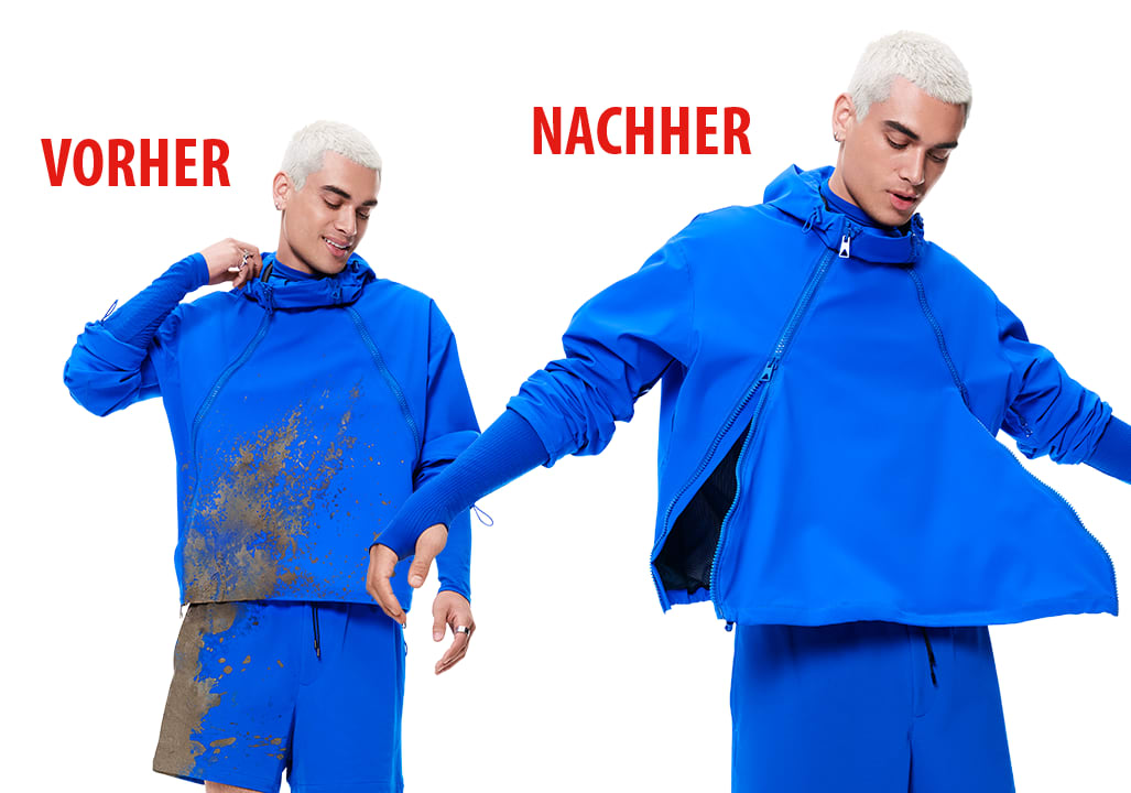 Links eine Person in blauer Kleidung mit Schmutzflecken, rechts die gleiche Person in sauberer blauer Kleidung. Oben steht „VORHER“ und „NACHHER“.