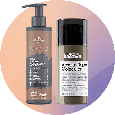 Eine braune Flasche mit der Aufschrift „Schwarzkopf Chroma ID Raw Cacao Color Mask“ neben einer schwarzen Flasche „L'Oréal Absolut Repair Molecular“