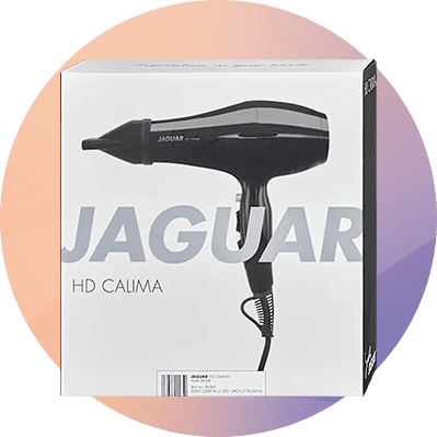 Verpackung eines schwarzen Haartrockners der Marke Jaguar, Modell HD Calima, mit großem Schriftzug JAGUAR auf der Vorderseite.