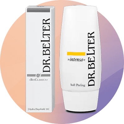 Weiße Tube mit der Aufschrift „Dr. Belter intensa Soft Peeling“ neben einer Verpackung mit „BioClassica“ und „Dr. Belter“
