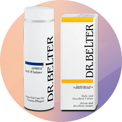 Zwei Produktverpackungen von Dr. Belter: Links eine weiße Flasche mit blauer Aufschrift, rechts eine weiße Schachtel mit gelber Aufschrift.