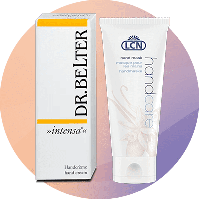 Eine weiße Verpackung von Dr. Belter Handcreme neben einer LCN Handmaske-Tube mit blauer Aufschrift und Blumenmotiv
