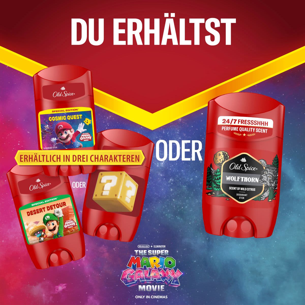 Zwei rote Old Spice Deosticks vor einem sternenbesetzten Weltraumhintergrund, links Aufdruck „Cosmic Quest“ und „Erhältlich in drei Charakteren“ mit kleinem Icon „Desert Detour“, rechts Aufdruck „Wolfthorn“ und „24/7 Fressshhh Perfume Quality Scent“