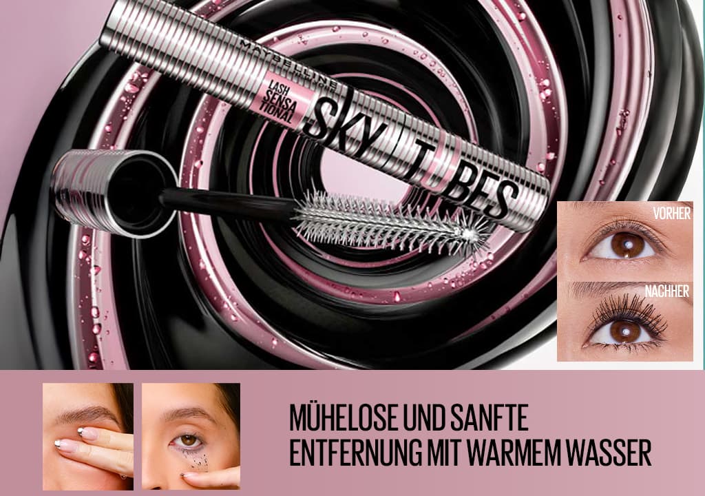 Silberne Mascara-Röhre mit aufgeschraubter Bürste vor schwarzen und rosafarbenen Spiralen, rechts zwei kleine Vorher-Nachher-Augenbilder und unten der Text „MÜHELOSE UND SANFTE ENTFERNUNG MIT WARMEM WASSER“