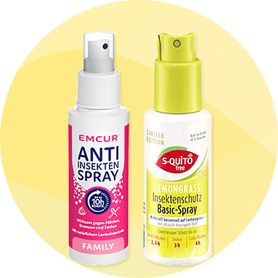 Zwei Insektenschutz-Sprays nebeneinander: links weiße Flasche „EMCUR ANTI INSEKTEN SPRAY“ mit rosa Akzenten und Aufschrift „FAMILY“, rechts weiße Flasche mit grünem Sprühkopf „S-QUITO free LEMONGRASS Insektenschutz Basic-Spray“ und Hinweis „LIMITED EDITION“