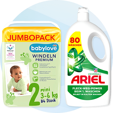 Jumbopack Babylove Windeln Premium Größe 2 (3–6 kg), 84 Stück, mit Babymotiv links und rechts eine weiße Ariel Universal Flüssigwaschmittel-Flasche für 80 Wäschen, Aufdruck „Fleck-weg-Power beim 1. Waschen“