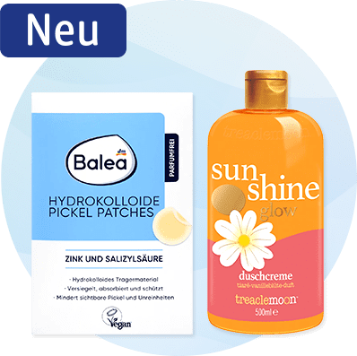 Zwei Produktverpackungen nebeneinander: links Balea Hydrocolloid Pickel Patches in weiß-blauem Karton mit Aufschrift „Zink und Salicylsäure“, rechts orange-pinke Treaclemoon Duschcreme „sunshine glow“ 500 ml mit Blütenmotiv