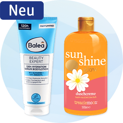 Zwei Körperpflegeprodukte nebeneinander: links eine hellblaue Balea Beauty Expert Hydration Serum Bodylotion Tube mit Aufschrift „parfumfrei“; rechts eine orange-rosa Treaclemoon Sunshine Glow Duschcreme 500 ml