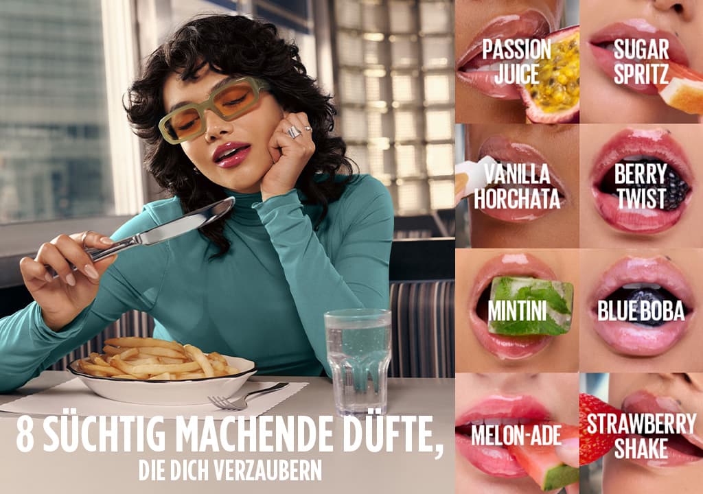 Frau an einem Restauranttisch hält eine Gabel und ein Messer über einem Teller Pommes, rechts neun Nahaufnahmen von Lippen mit verschiedenen Fruchtnamen wie „PASSION JUICE“, „VANILLA HORCHATA“, „MINTINI“, „BLUE BOBA“, „STRAWBERRY SHAKE“ und der Text „8 SÜCHTIG MACHENDE DÜFTE, DIE DICH VERZAUBERN“